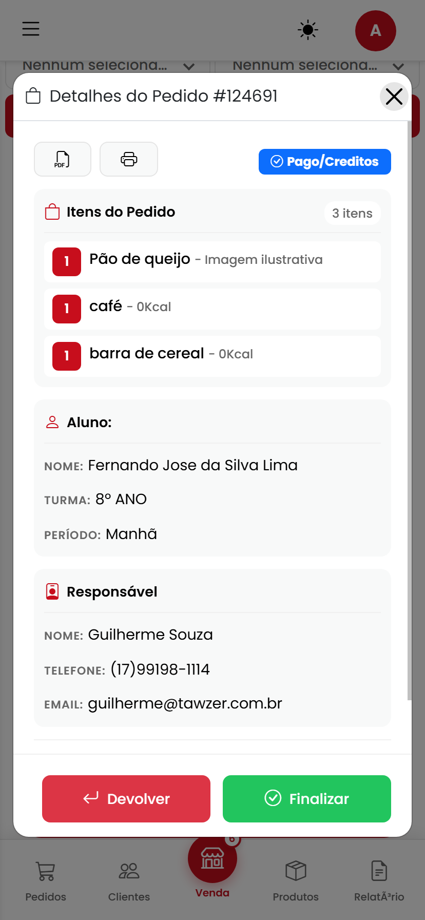 Itens do pedido do aluno