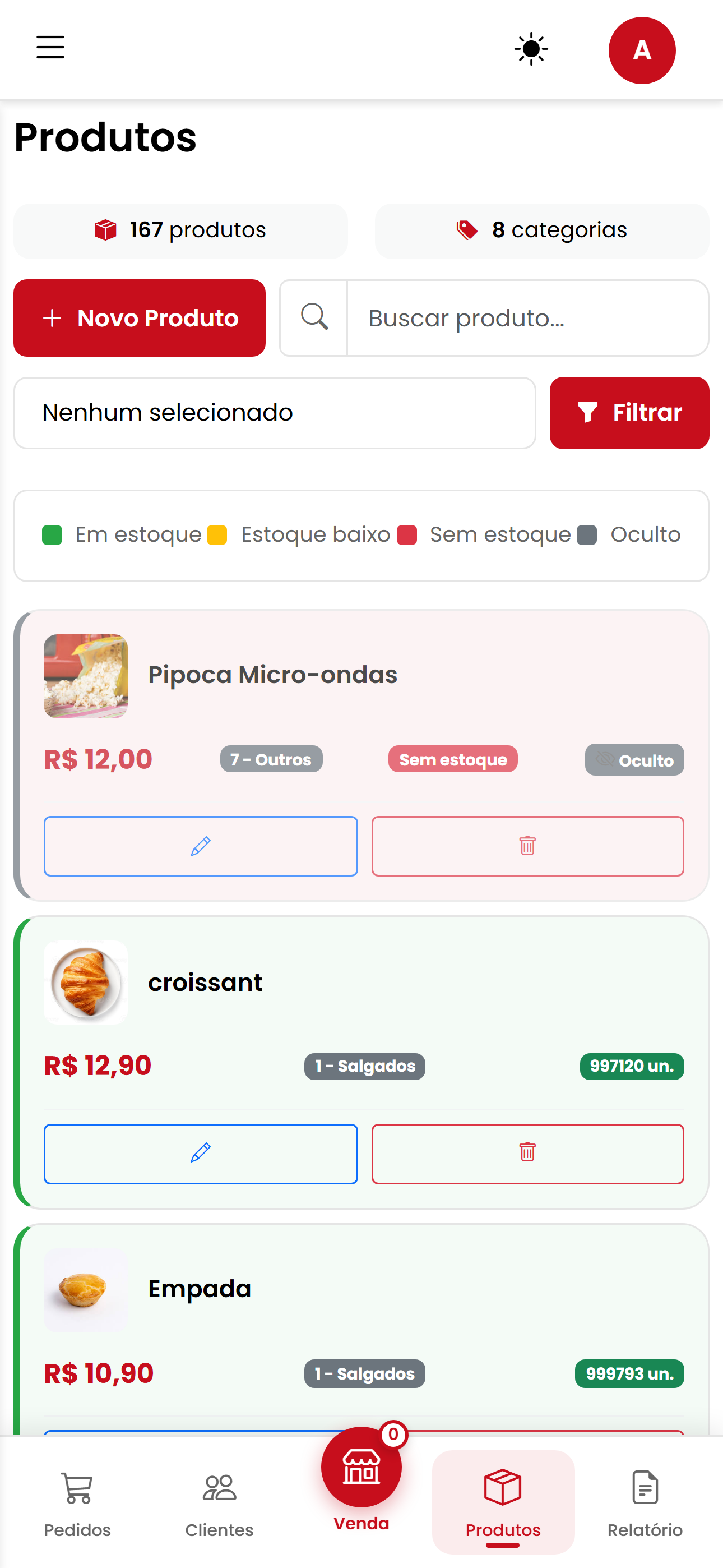 Itens do pedido do aluno