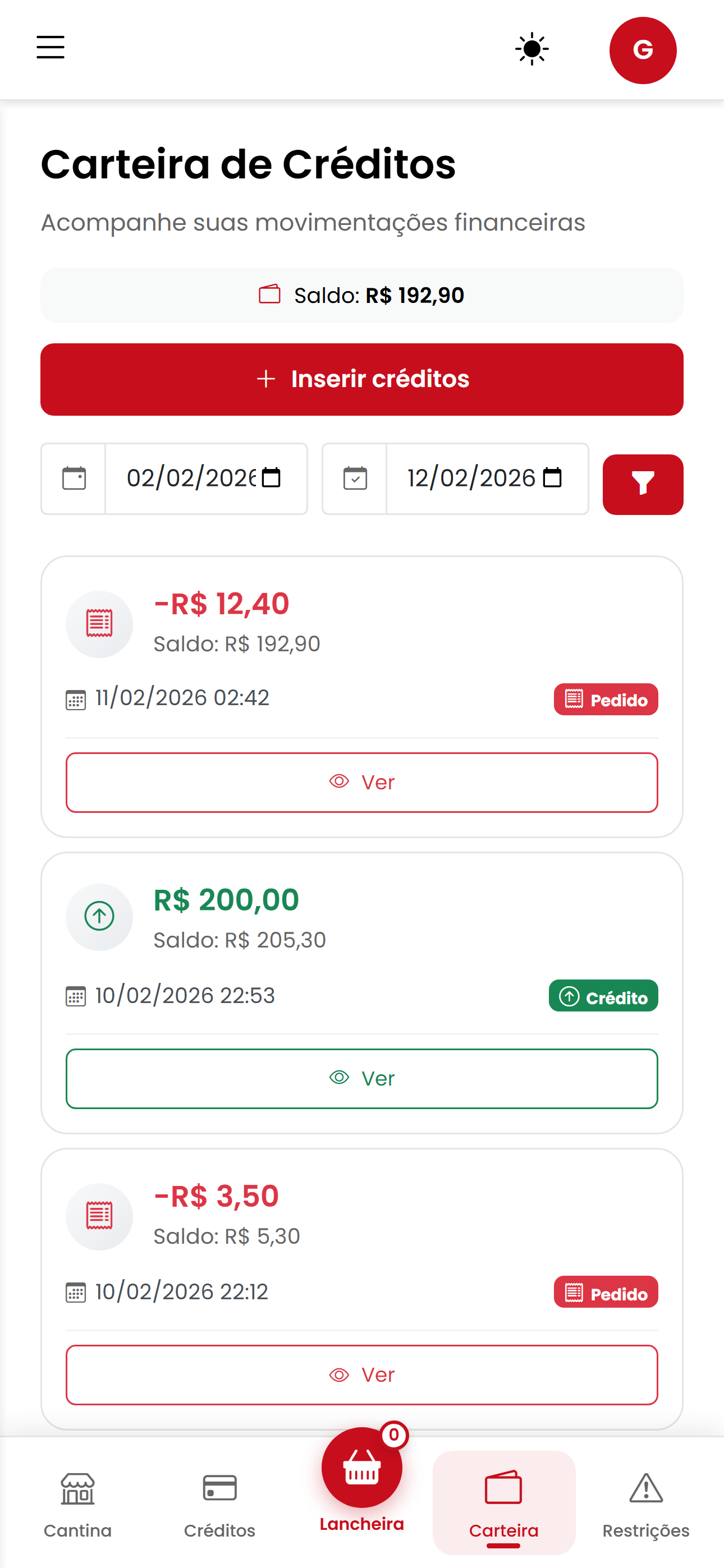 Carteira de créditos e histórico financeiro