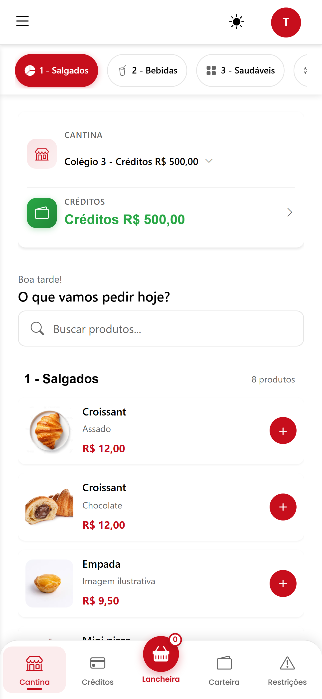 Cardápio digital da cantina no app Lancher