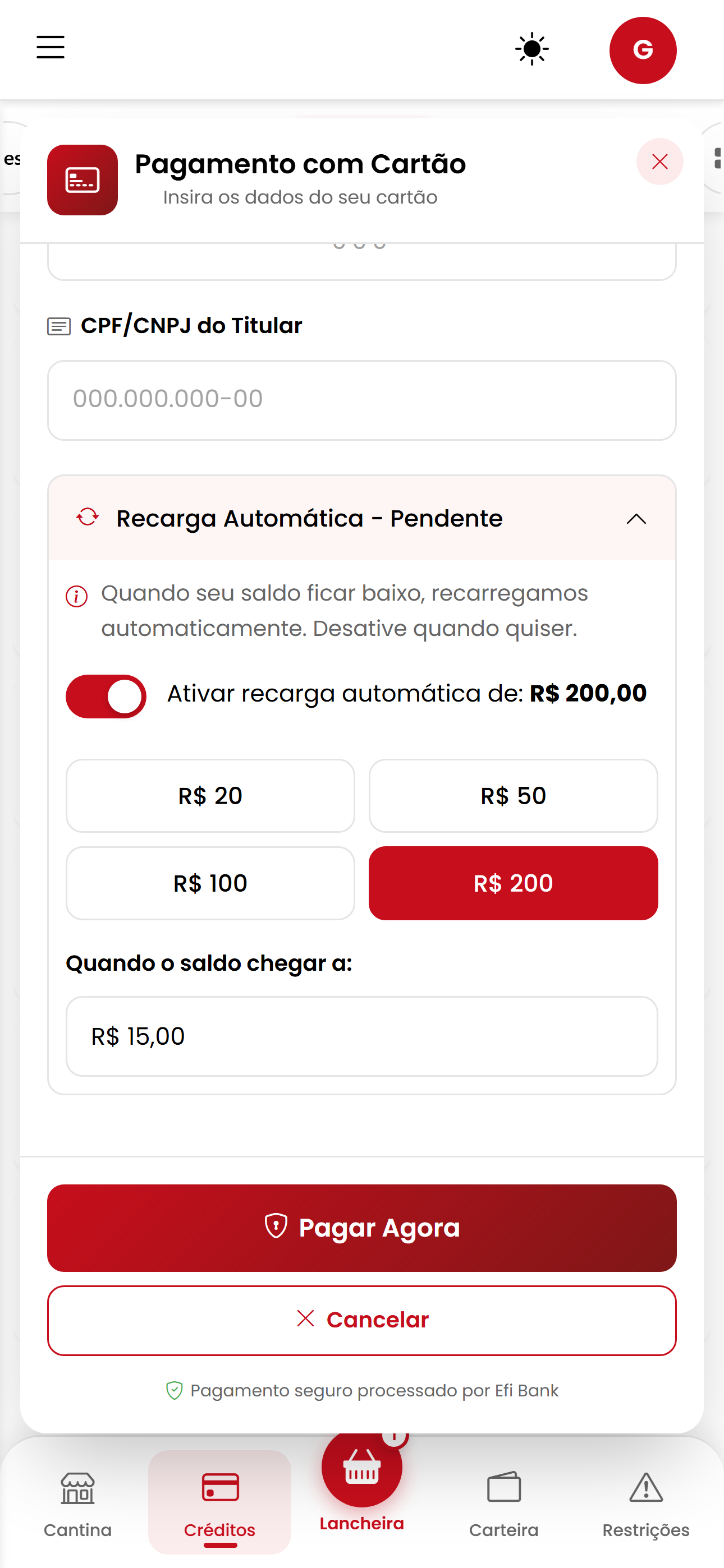 Recarga automática de créditos