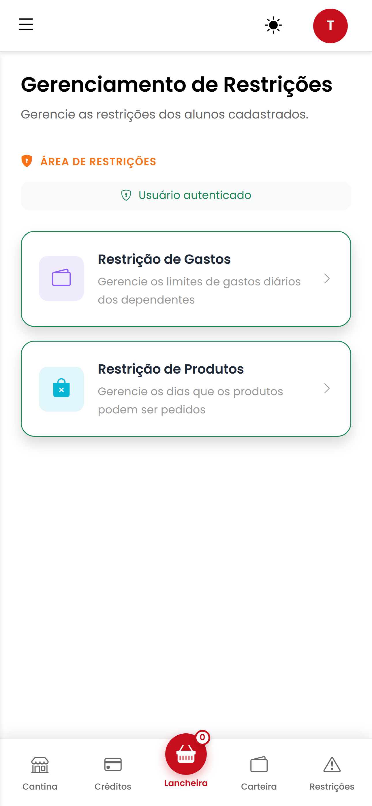Restrições de gastos e produtos por dia